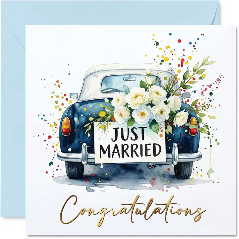 Vintage Car Flowers Wedding Card: Just Married Watercolor Design