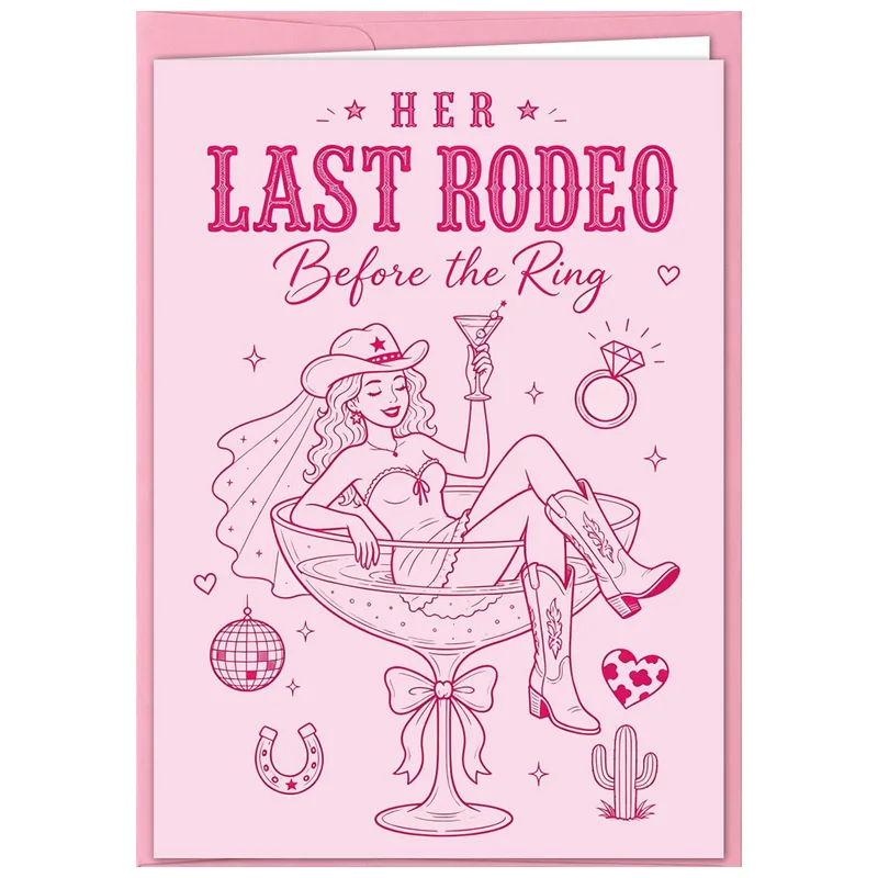 Pink Cowgirl Bachelorette Card Celebrates Her Last Rodeo