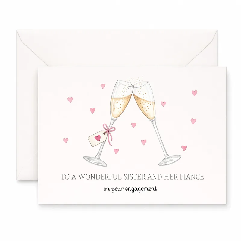 Pink Champagne Glasses Hearts Card for Sister Engagement