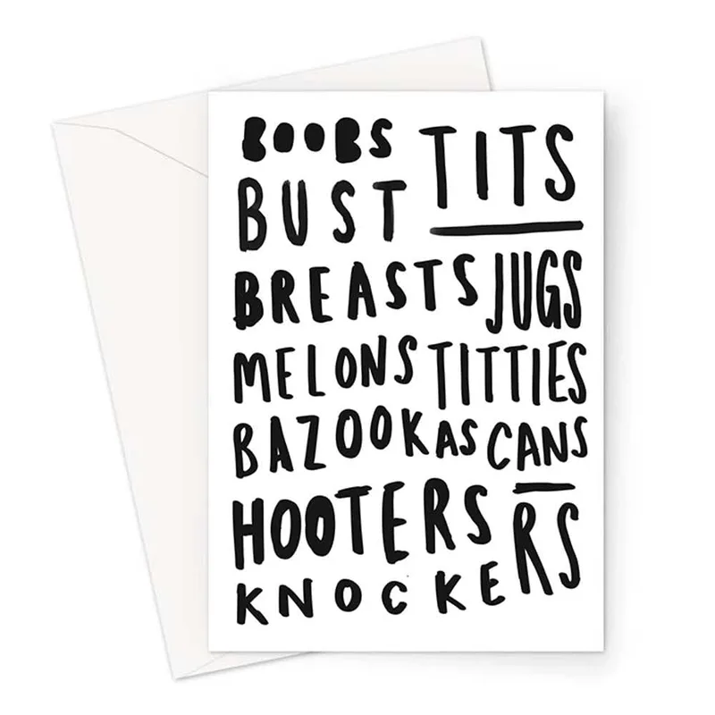 Monochrome Black Word Art Card: Boobs Tits Bust Typography Design