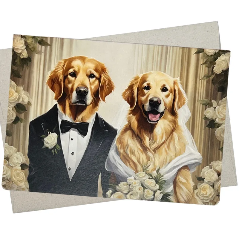 Retriever Bride Groom Wedding Card featuring golden retrievers