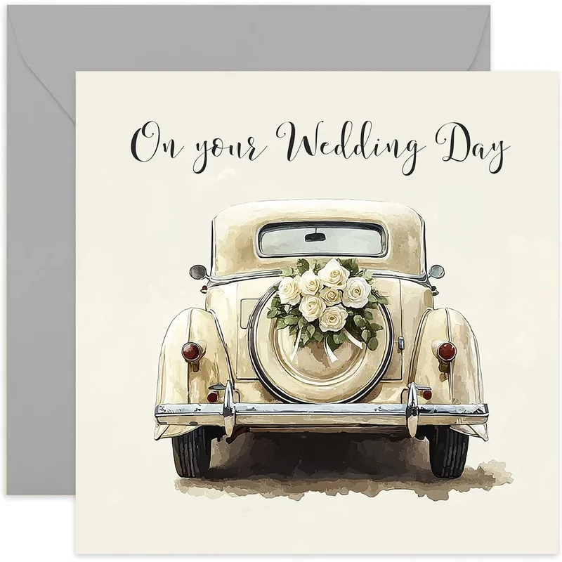 Cream Vintage Car Flowers Card for a Classic Wedding Send-off