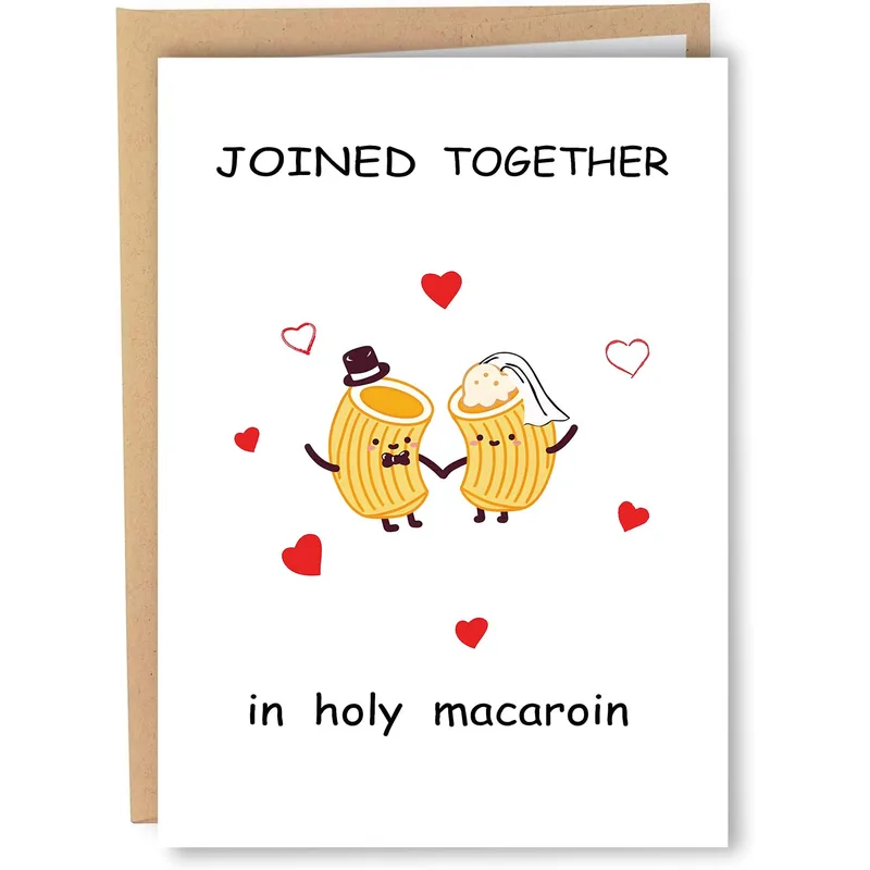 Pasta Couple Hearts Wedding Card featuring joined pasta characters