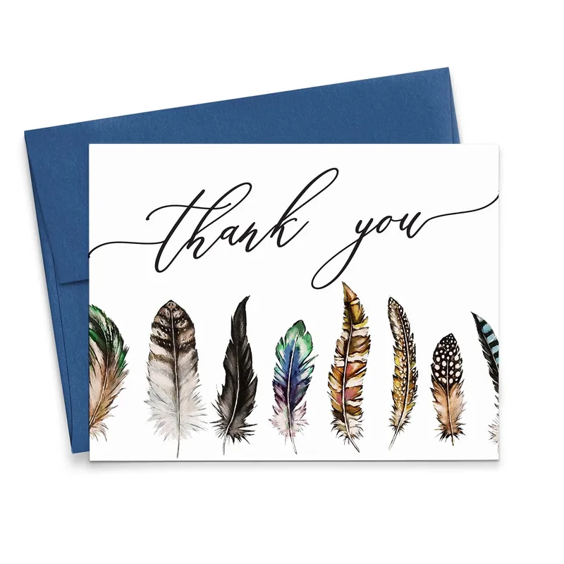 Feather Navy Envelope Thank You Card with Watercolor Feathers