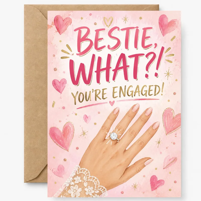 Hearts Hand Ring Engagement Card features bold pink