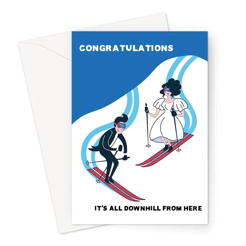 Skiers Blue Swirl Congratulations Card for Weddings