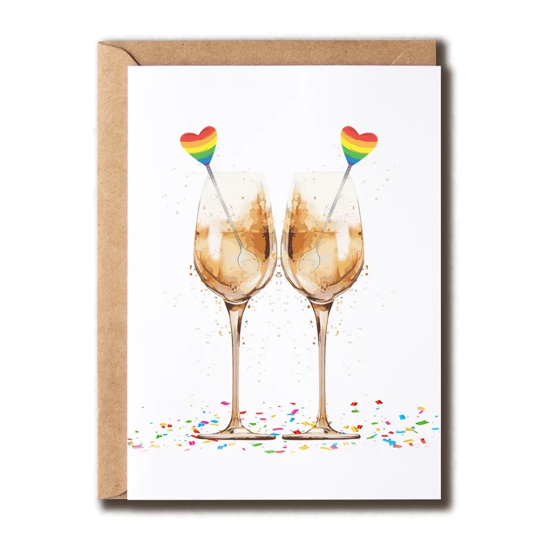 Glasses Rainbow Hearts Wedding Card Celebrating Love with Champagne