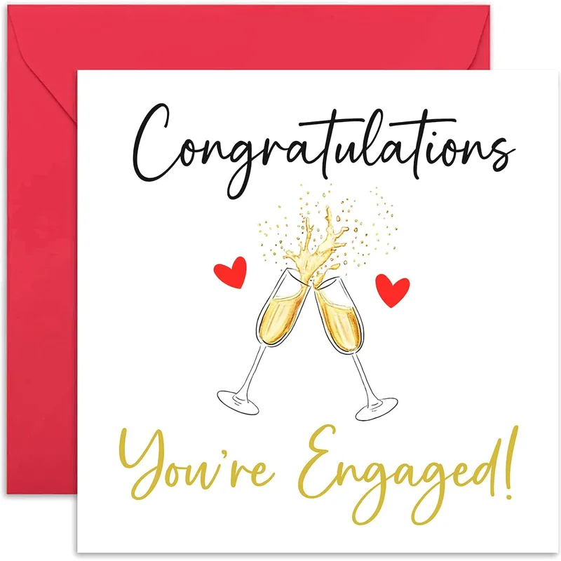 Glasses Red Hearts Engagement Card: Toasting Your New Status