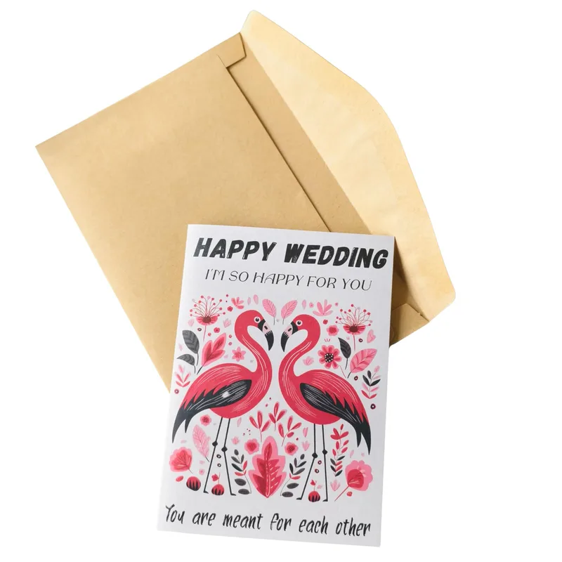 Flamingos Floral Pattern Wedding Card featuring two pink birds