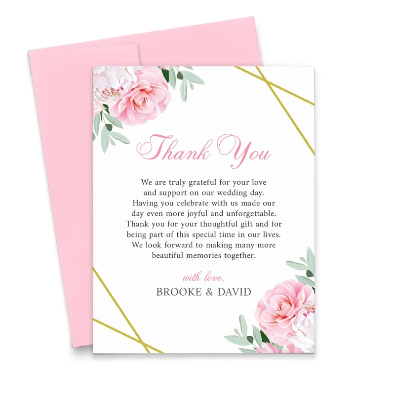 Floral Gold Border Thank You Card: Peony Wedding Gratitude Note