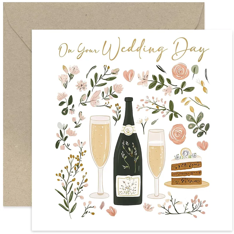 Cake Floral Art Wedding Card featuring a champagne bottle