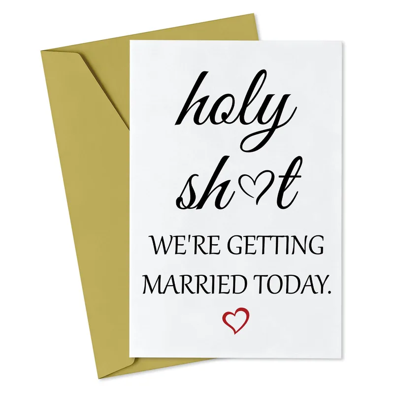 Script Olive Envelope Wedding Card features holy sh*t text