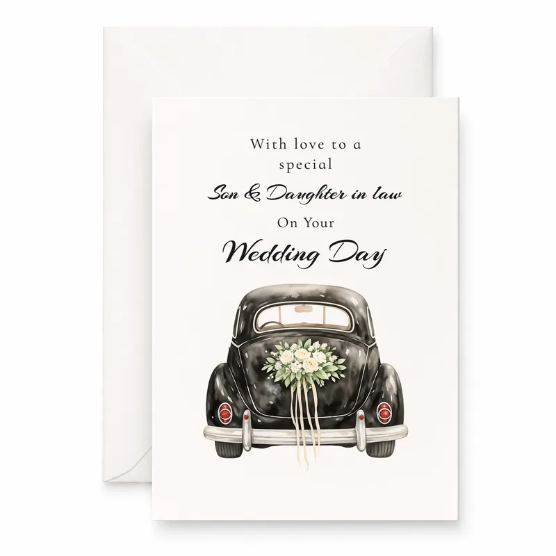 Vintage Car Bouquet Wedding Card for Special Son and Daughter in Law
