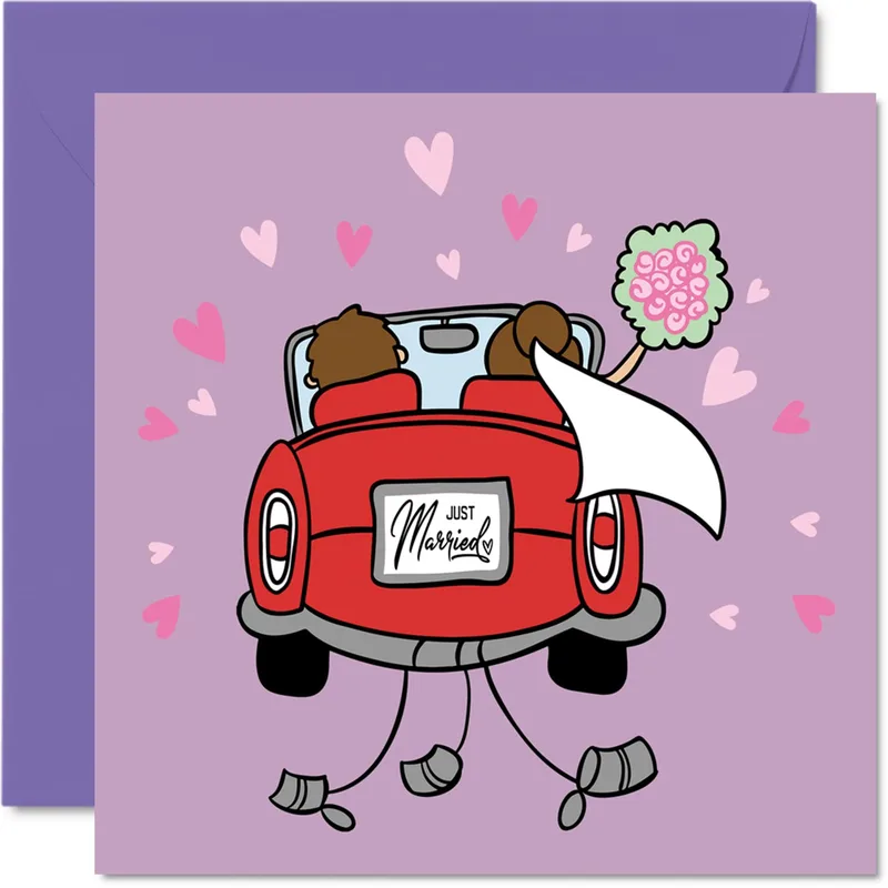 Red Car Hearts Wedding Card: Just Married Convertible Design