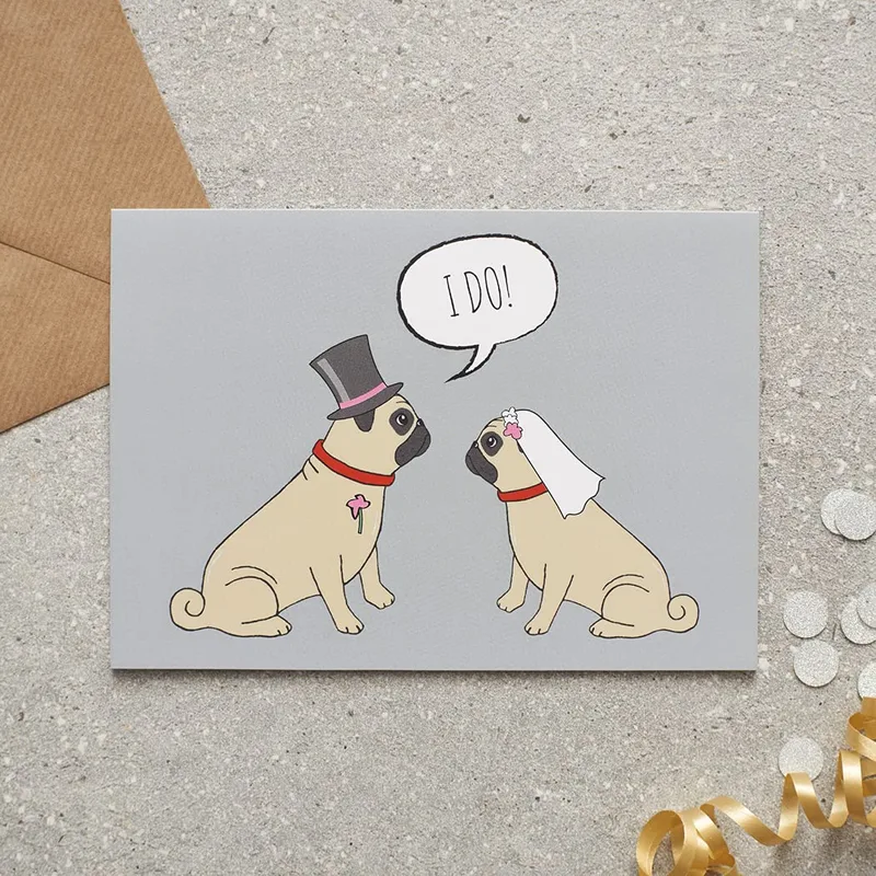 Top Hat Veil Wedding Card: Pug Groom and Bride Design