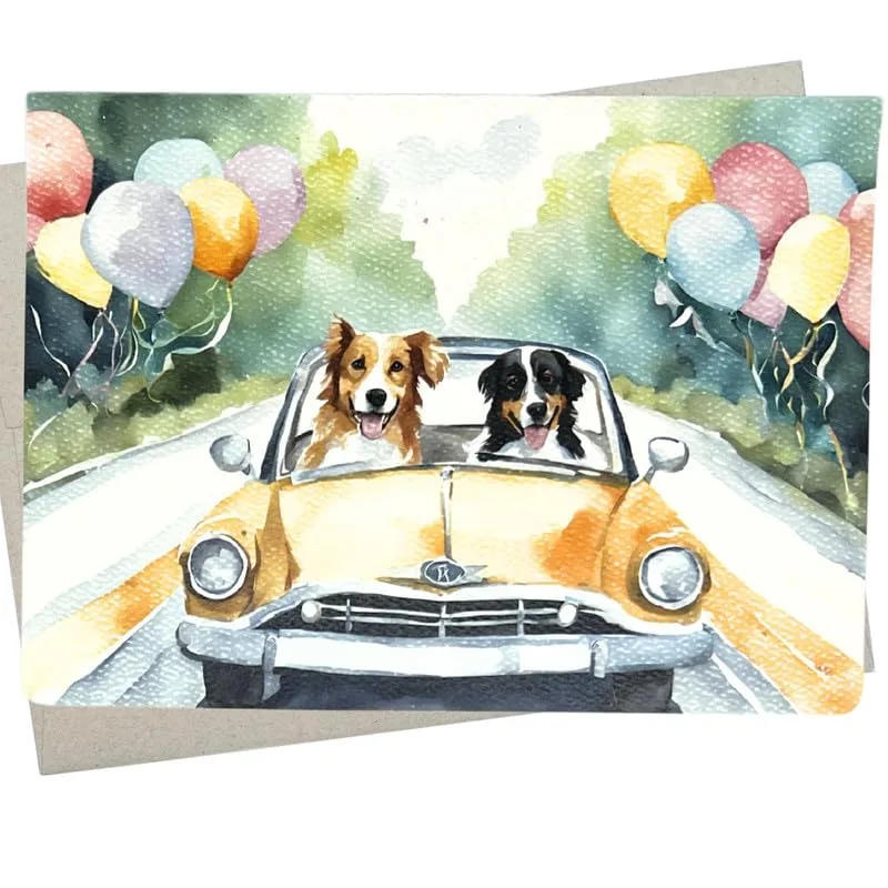 Dogs Car Wedding Card: Watercolor Pups in Convertible with Balloons