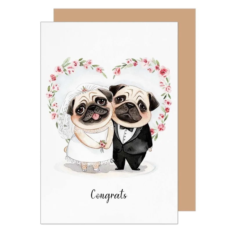 Couple Heart Wreath Congratulations Card for Pug-Loving Weddings