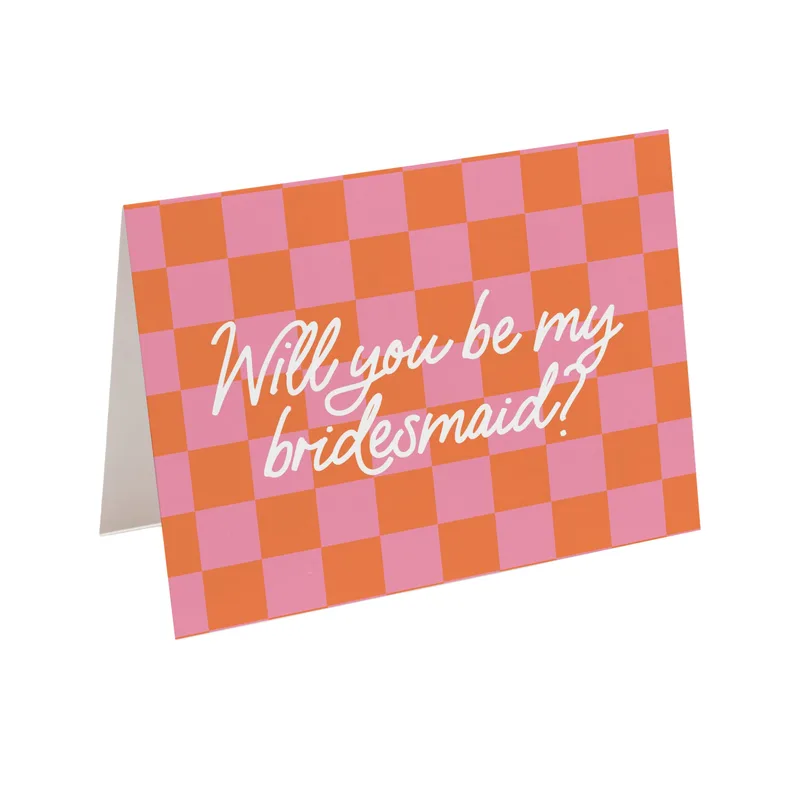 Orange Checkered Script Wedding Card for Bridesmaid Requests