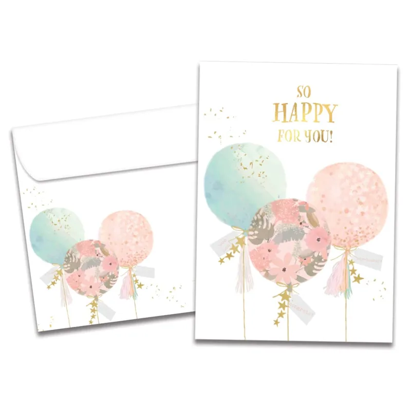 Peach Balloons Gold Engagement Card Celebrating Your Big News