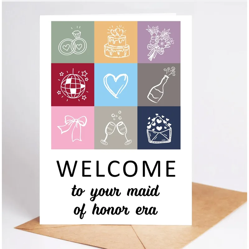 Colorful Wedding Icon Grid Card: Maid of Honor Era Greeting