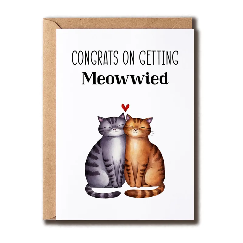 Two Cats Congratulations Card featuring a Meowwied pun