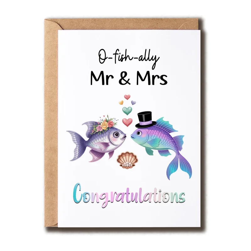 Fish Couple Flowers Congratulations Card for Newlywed Fish Lovers