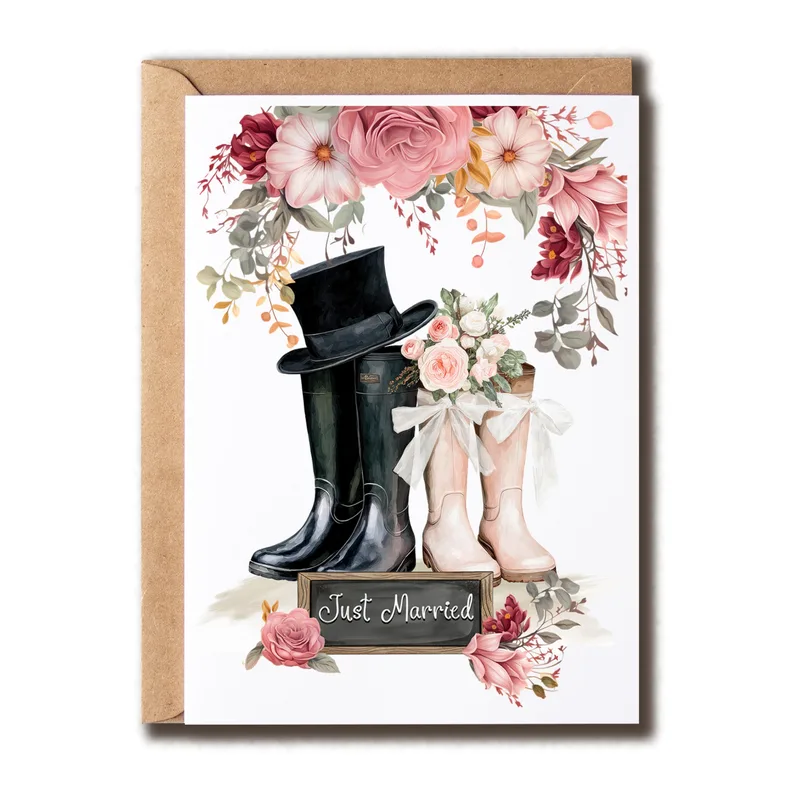 Flowers Just Married Wedding Card: Rustic Boots and Floral Arch Design