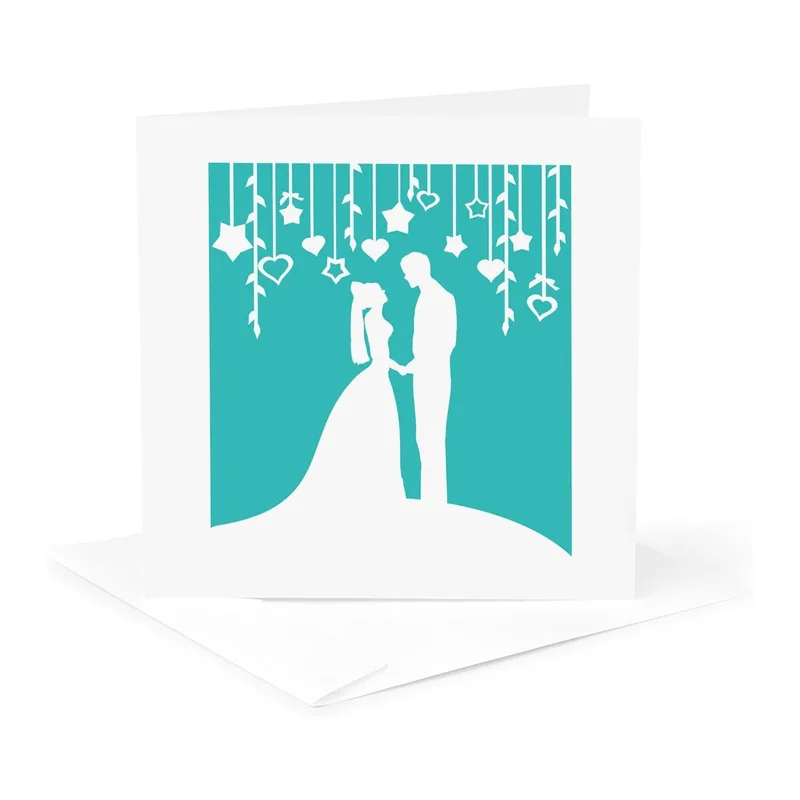 Silhouette Couple Hearts Wedding Card: Teal Romance Design