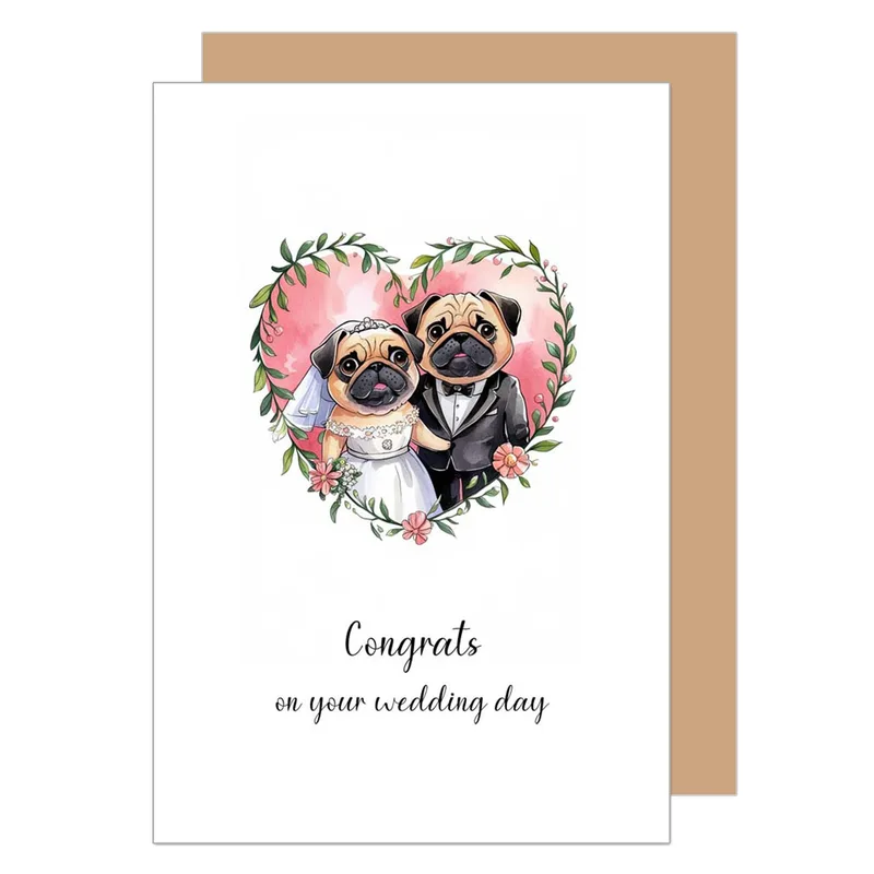 Pug Couple Heart Wreath Card for a Wedding Celebration