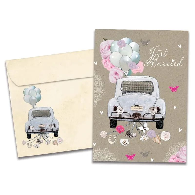 Floral Vintage Car Wedding Card: Just Married Beetle Design