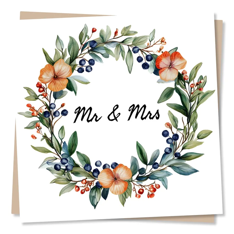 Wreath Blue Berries Wedding Card featuring a watercolor floral ring