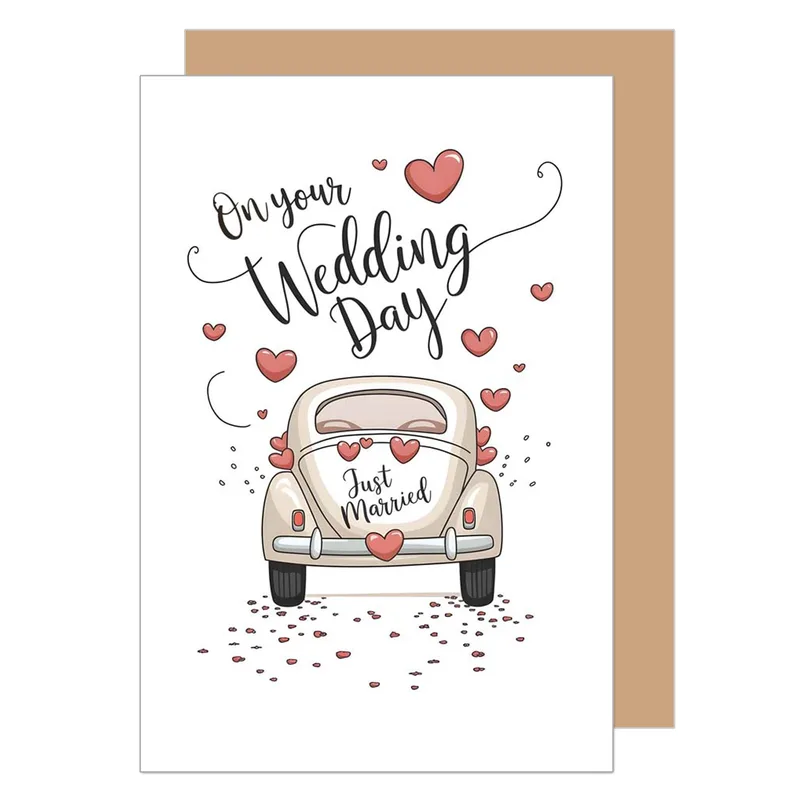 Vintage Car Hearts Wedding Card for a Classic Nuptial Celebration