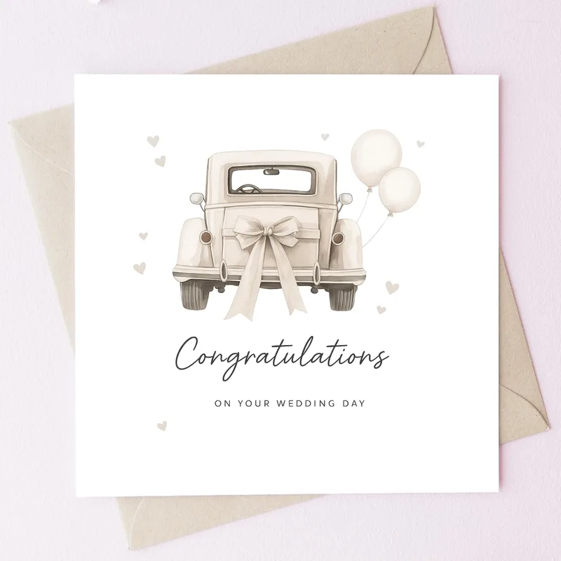 Vintage Car Balloons Congratulations Card for Newlyweds