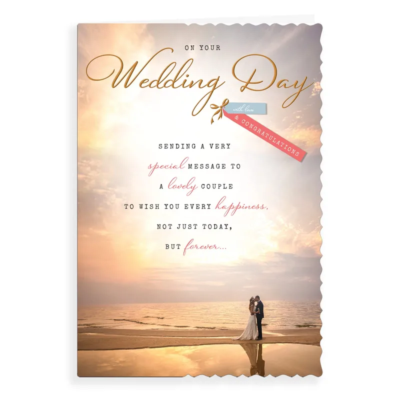 Sunset Beach Couple Wedding Card for a Romantic Shoreline Nuptial