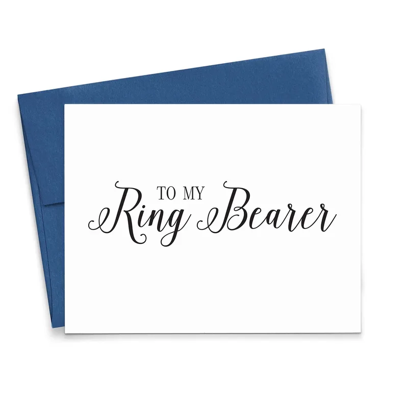 Blue Envelope Black Script Card for Wedding Ring Bearers
