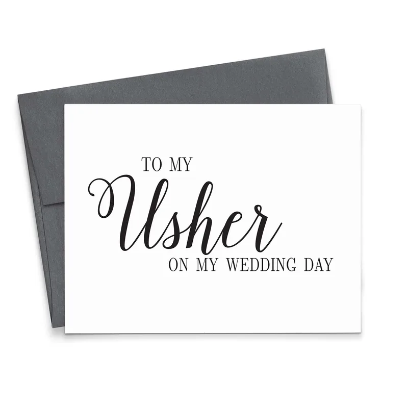 Gray Envelope Black Script Card – To My Usher On My Wedding Day text on white card – Greeting Card in natural