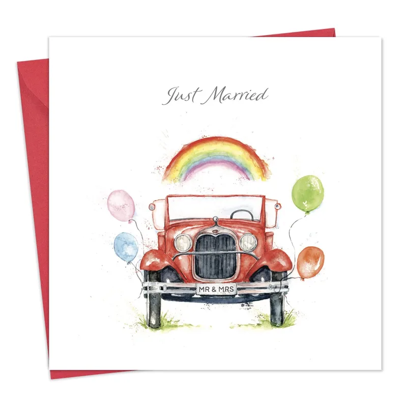Vintage Car Rainbow Wedding Card featuring a red Twizler