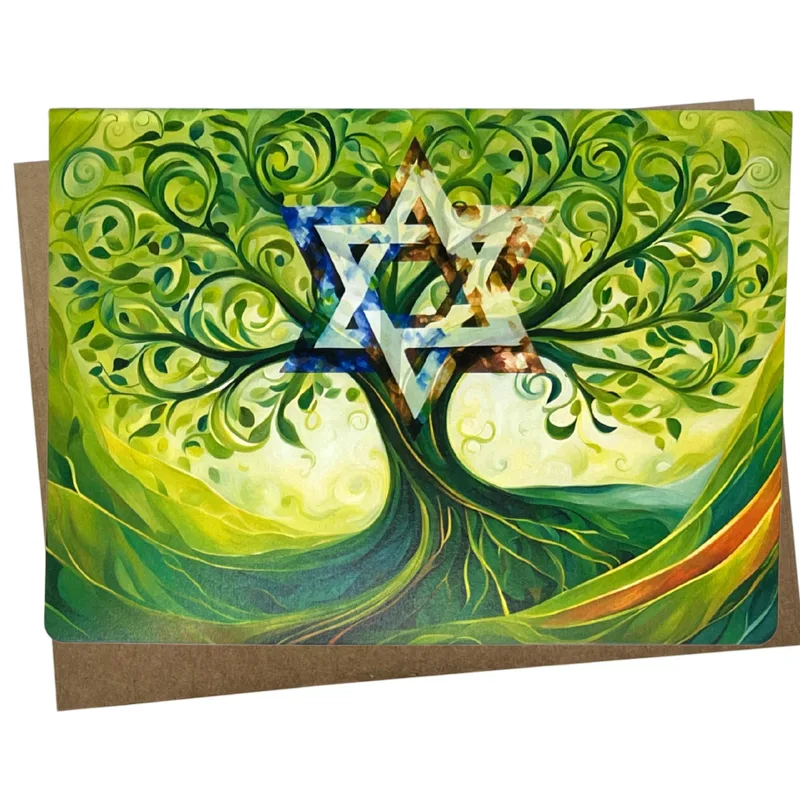 Tree Star David Wedding Card: A vibrant green tree