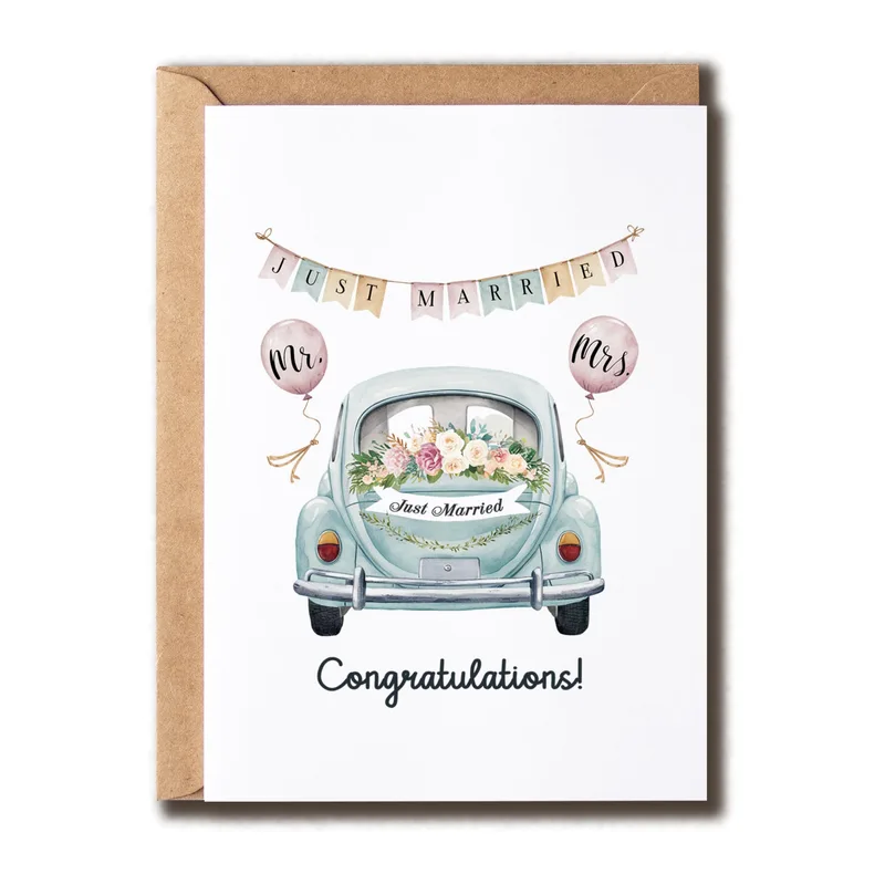 Vintage Car Bunting Congratulations Card for Newlywed Celebrations