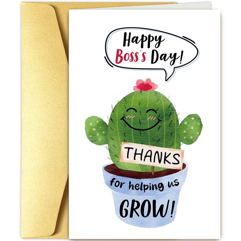 Boss's Day Card with a Smiling Cactus and Thanks for Helping Us Grow