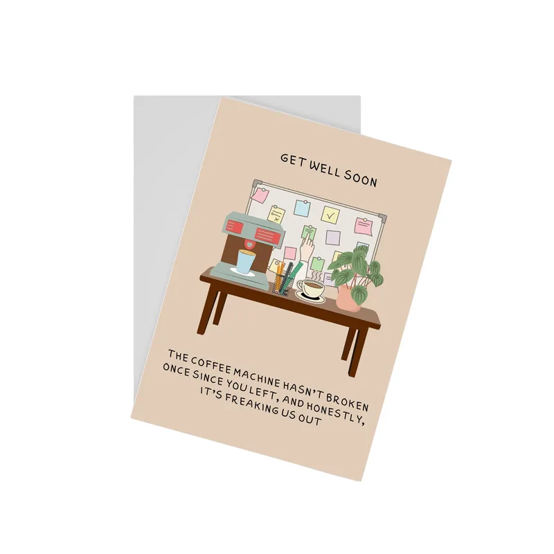 Coffee Machine Get Well Card – Get well soon card with coffee machine joke on beige background – Greeting Card in black