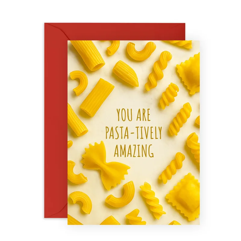 Yellow Pasta Shapes Friendship Card: You Are Pasta-tively