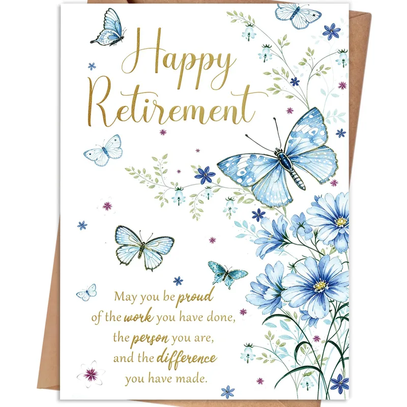 Retirement Butterfly Card with blue butterflies cornflowers