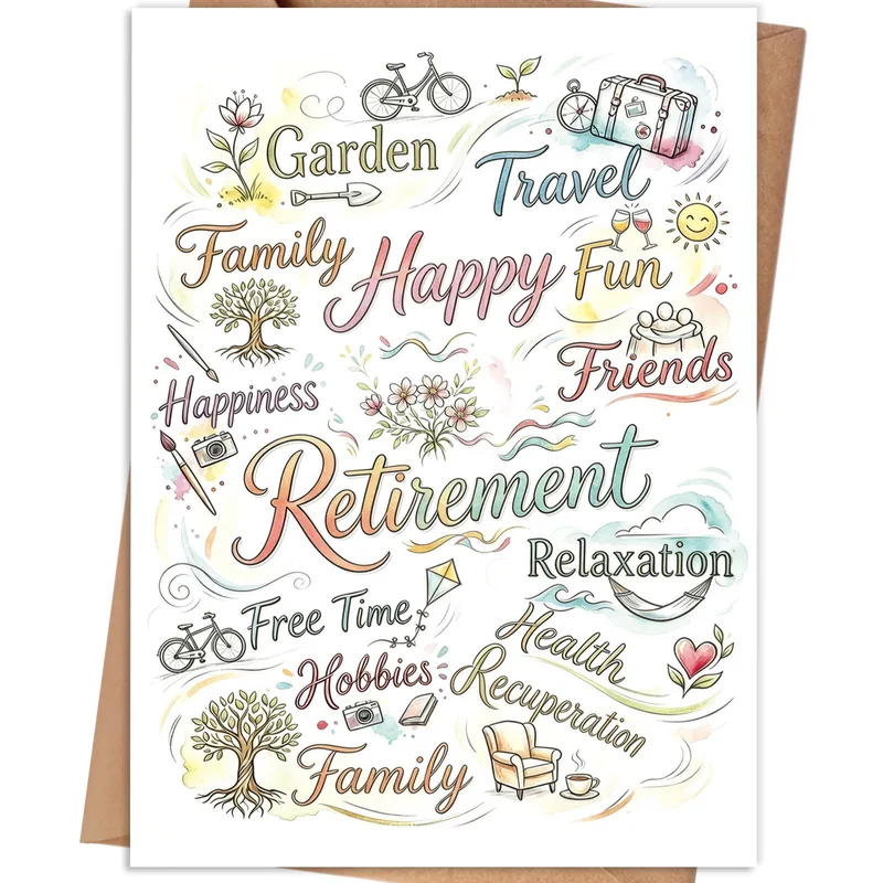 Retirement Words for Card: watercolor collage of Garden