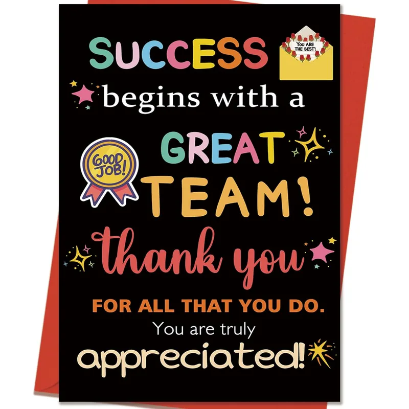 Success begins Card – Colorful thank you card reading SUCCESS begins with a GREAT TEAM – Greeting Card in black