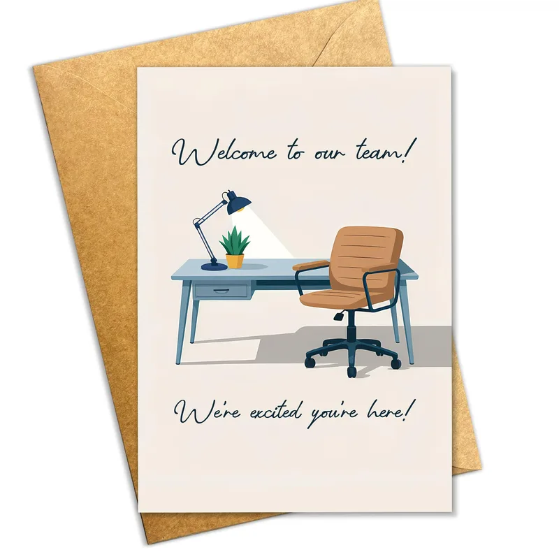 New Job Welcome Card: Desk, Lamp and Team Welcome