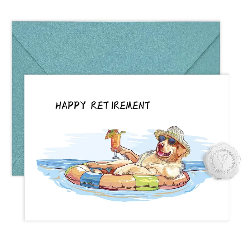 Retirement Dog Card: Happy Retirement, Pool Float Pup