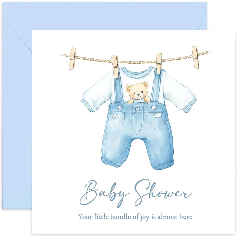 Blue Teddy Bear Outfit Card for a New Baby Boy Shower