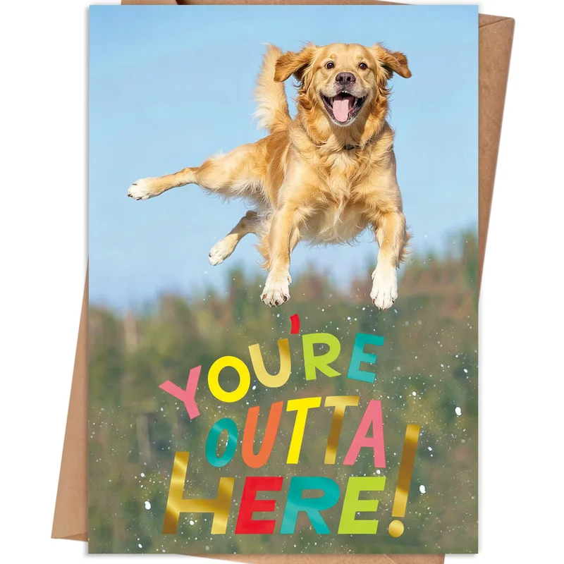 Happy Dog Retirement Card: A Golden Retriever Leaping Out the Door