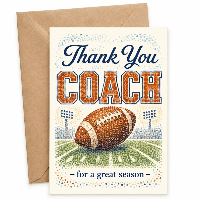 Coach Thank You Card – Dot-art football on field, “Thank You COACH for a great season” – Greeting Card in black